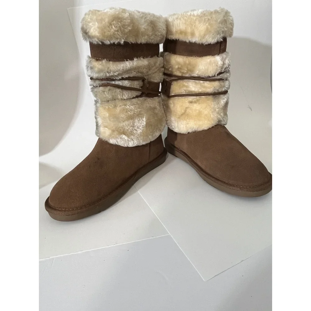 Earth Spirit Womens Brown Suede Leather Faux Fur Tall Winter Boot Rear Lace Sz8 - Picture 2 of 11